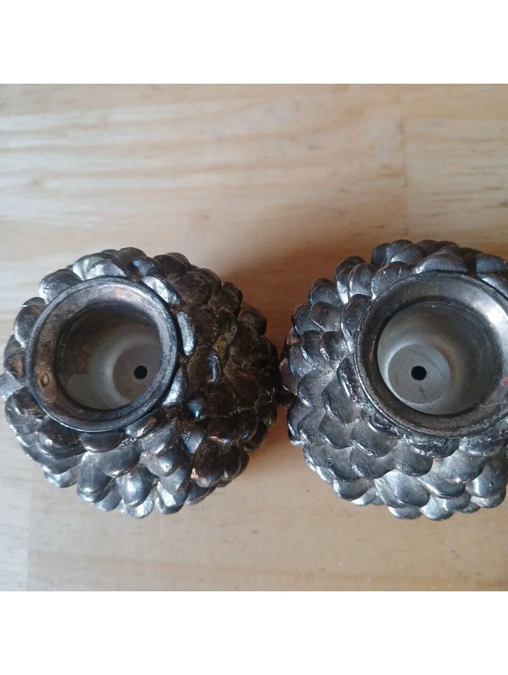 Metal Silver Plate Set Pair PineCone Taper Candle Holders Fall Christmas Decor
